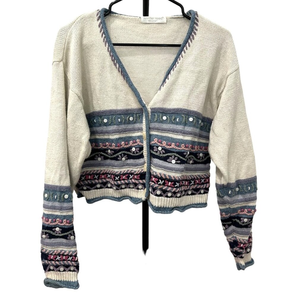 Vintage 90s Jennifer Reed Embroidered Cropped V Neck Cardigan Sweater Sz S
